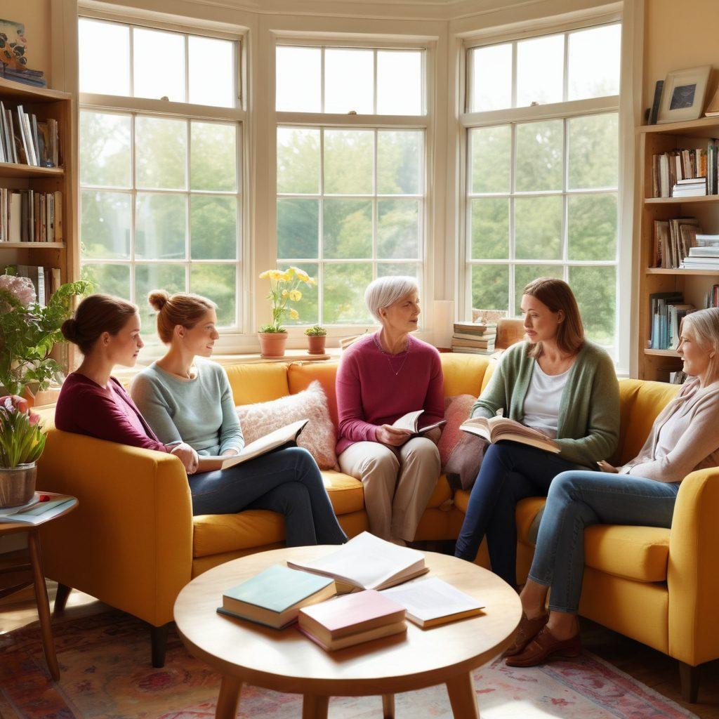 A comforting scene depicting a diverse group of people sitting in a cozy, sunlit room filled with books and resources about cancer support. Include elements like a support group in discussion, a table with pamphlets, and soft, encouraging colors. Showcase a window with a view of a garden symbolizing hope and renewal. Illustrate warmth and connection among the individuals. super-realistic. vibrant colors. cozy atmosphere.