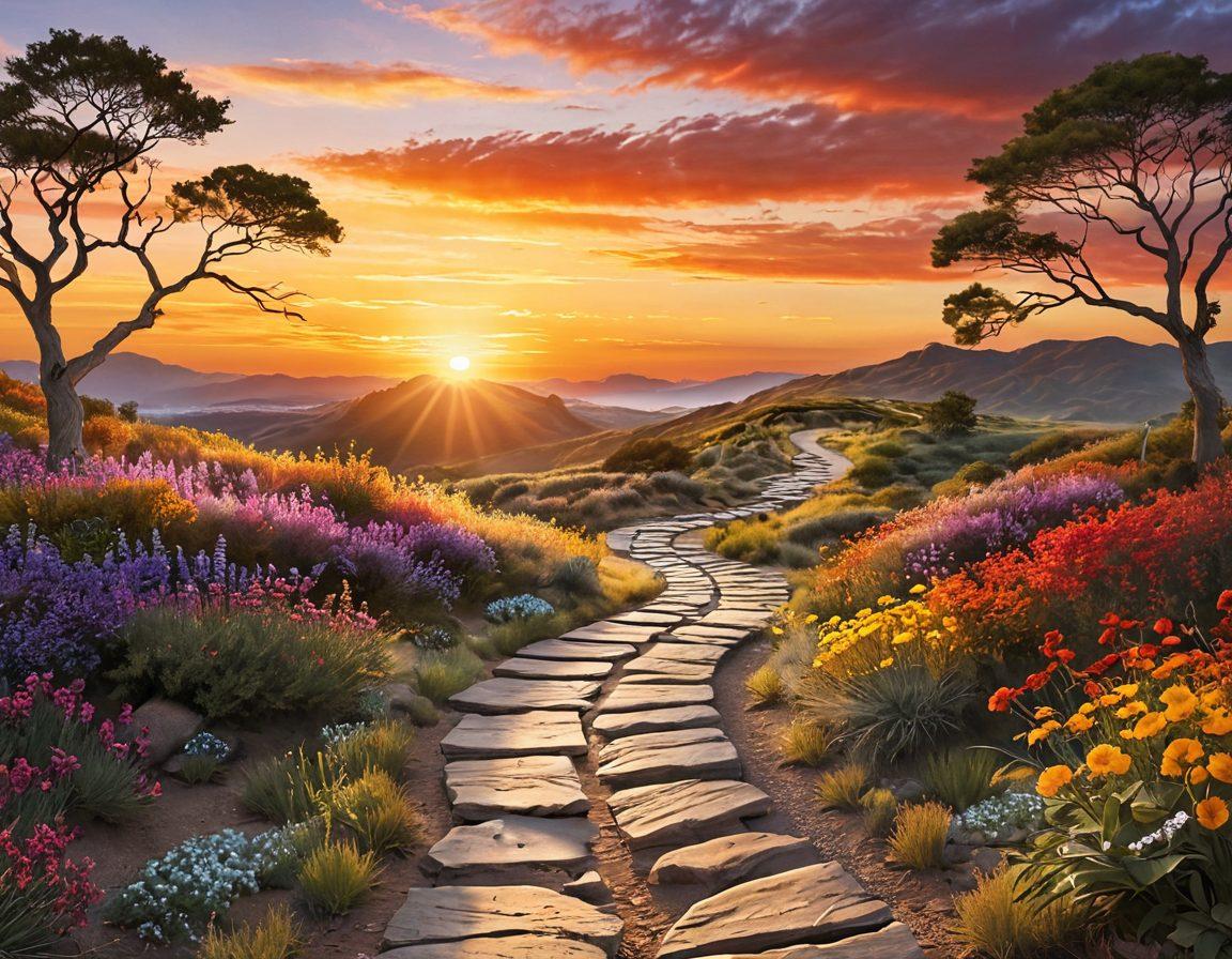 A serene landscape depicting a sunrise over a winding path symbolizing the journey of treatment, with milestones for early detection and resources along the way. Include a diverse group of hopeful individuals holding hands, representing unity and support in survivorship. Incorporate warm colors to evoke hope and resilience. super-realistic. vibrant colors.