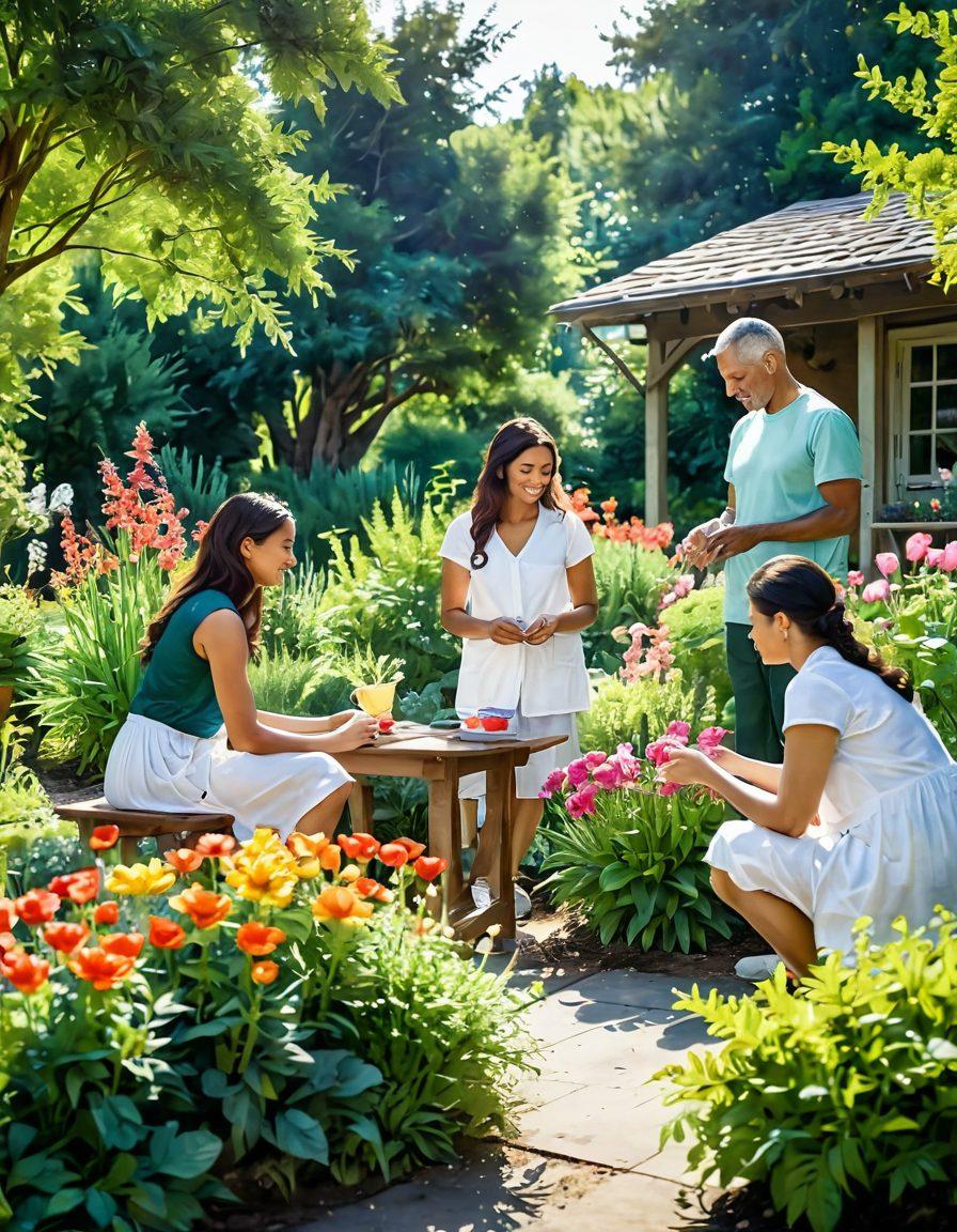 A serene garden setting filled with vibrant flowers and lush greenery symbolizing growth and healing. In the foreground, a diverse group of compassionate individuals, representing a supportive community, are engaging in activities like gardening and sharing knowledge. Soft rays of sunlight illuminate the scene, conveying a sense of hope and wellness. The atmosphere is peaceful and inviting, promoting holistic health. watercolor painting. vibrant colors. soft focus.